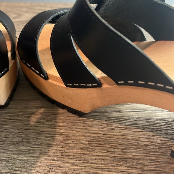 Swedish Hasbeens Wooden Strappy Leather Velcro Slip-On Platform Sandal - Picture 7 of 11